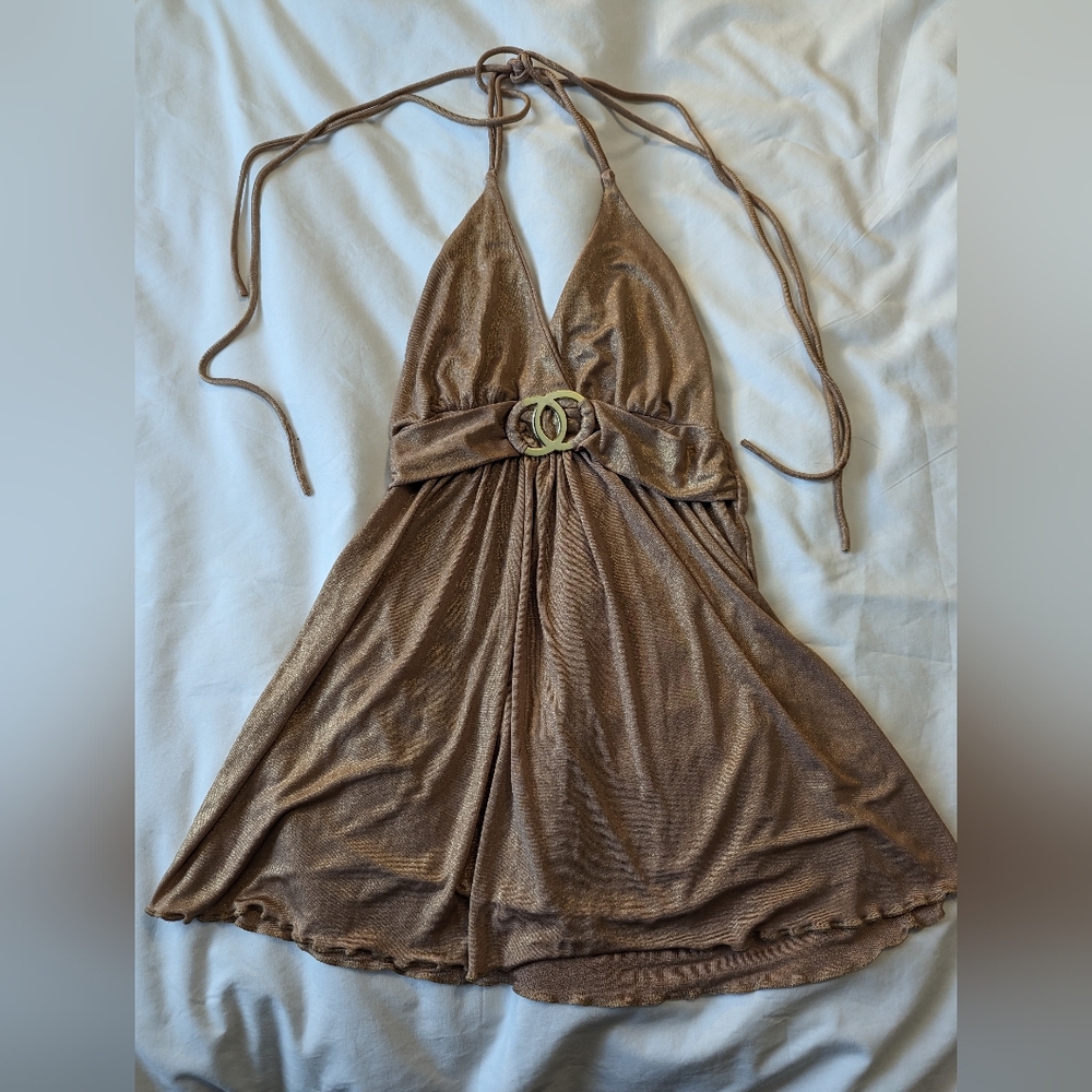 Tan shimmering gold Belle Amie halter top size S